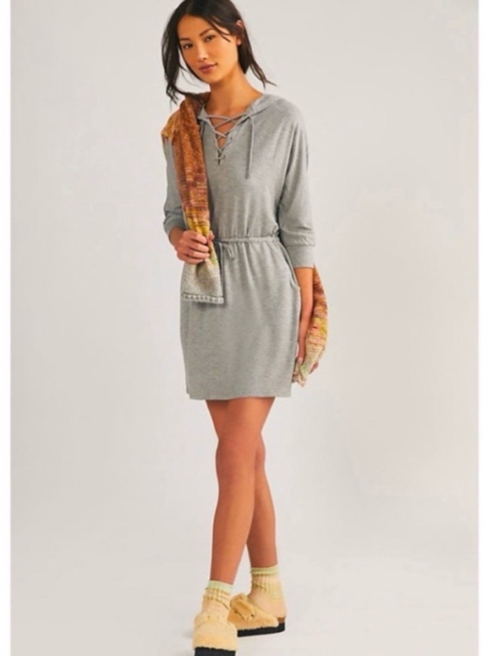Anthropologie- Bordeaux Gray Lace-Up Mini Dress